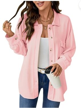 Pink Waffle Knit Shacket Oversized Button Down Shirt Jacket Soft Cozy Layering